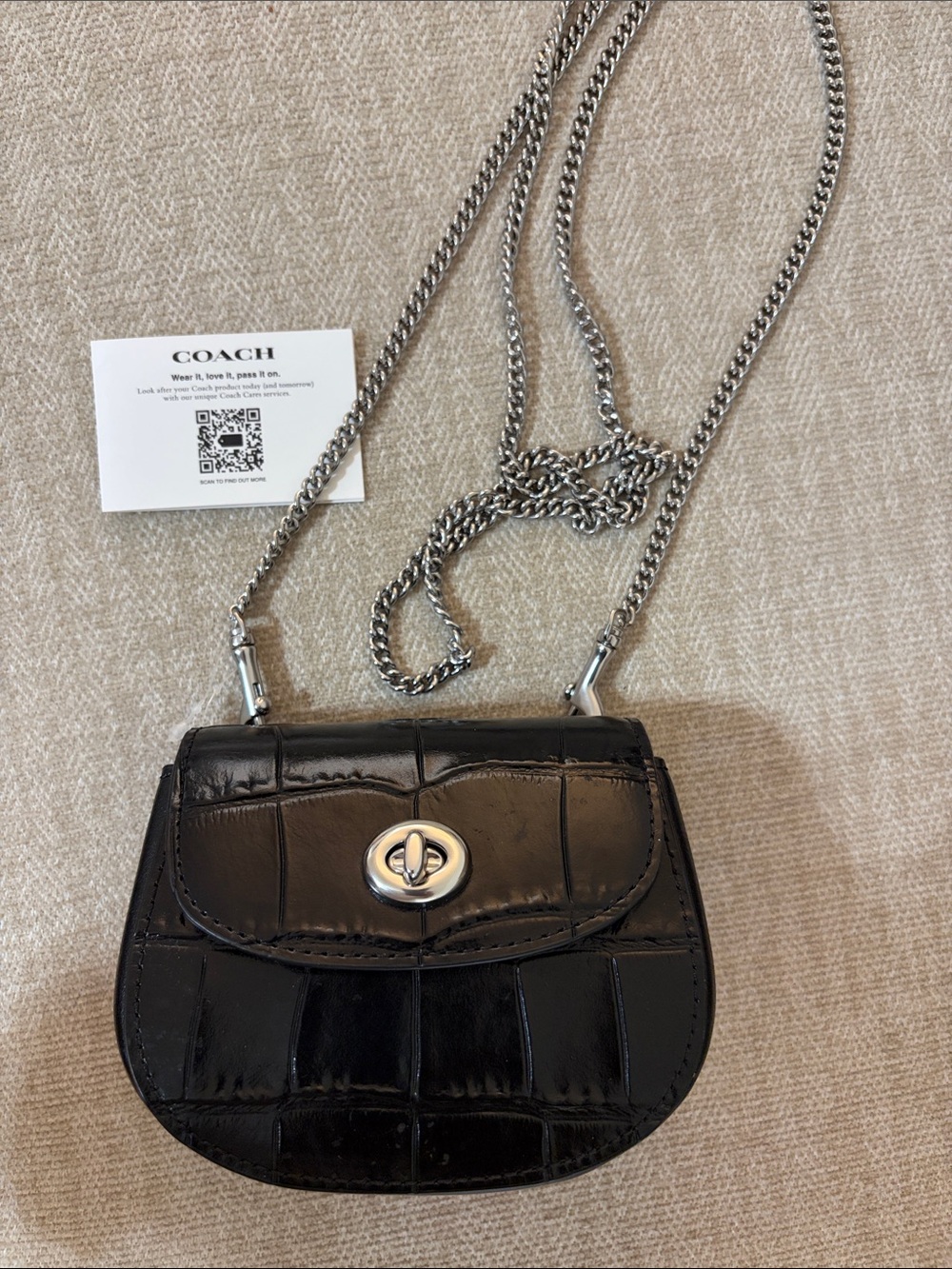 Coach Black Croc-Embossed Mini Crossbody with Silver Chain